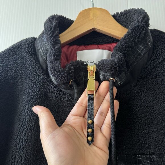 NEW Rebecca Minkoff Women’s Faux Shearling Zip Front Bomber Jacket Sz L Black - Picture 10 of 16